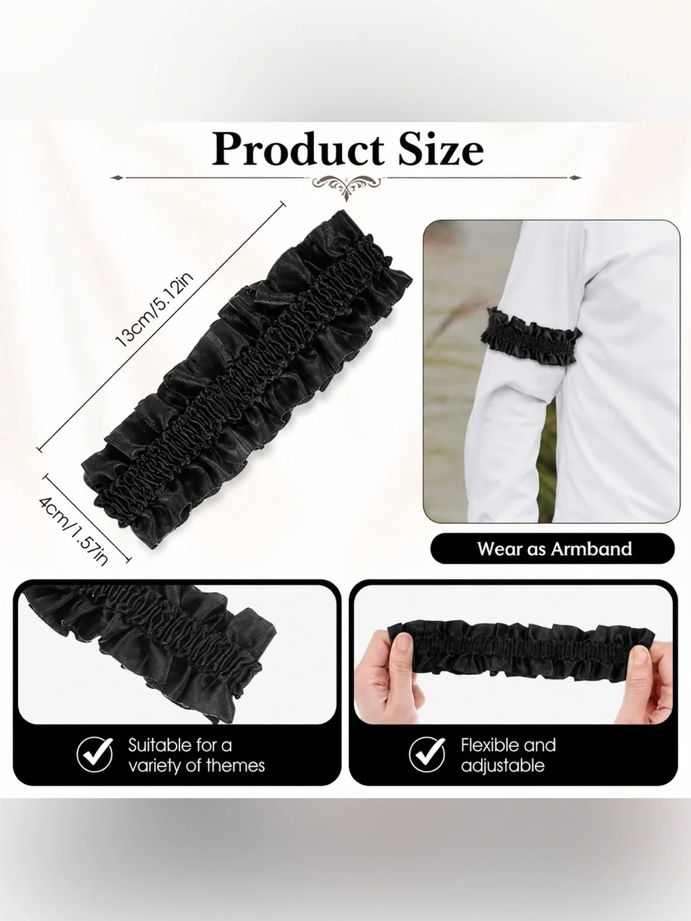 Black Satin Ruffle Garter Elastic Thigh Band Armband Gothic Costume Accessory